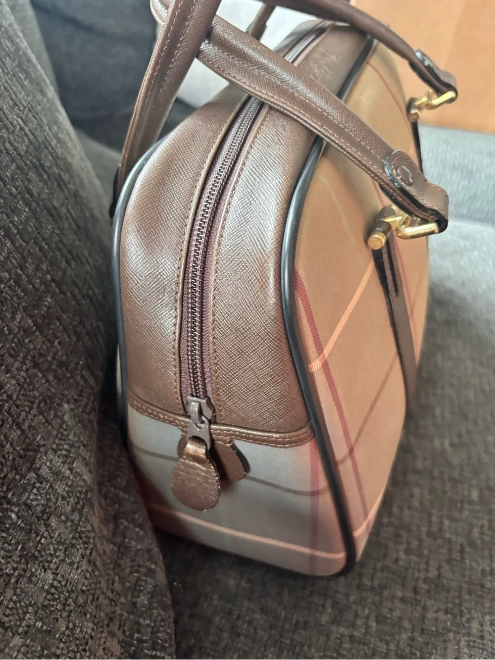 Burberry Tan Plaid Canvas handbag-with Brown Leather Trim